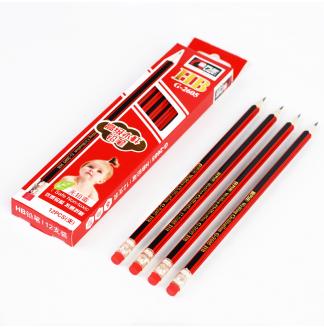 椴木红抽黑条HB木杆铅笔带橡皮